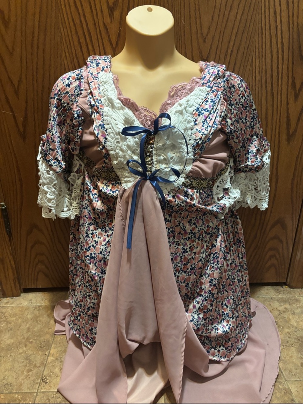 Vintage Pink Floral Asymmetrical Dress with Lace and Blue Ribbon